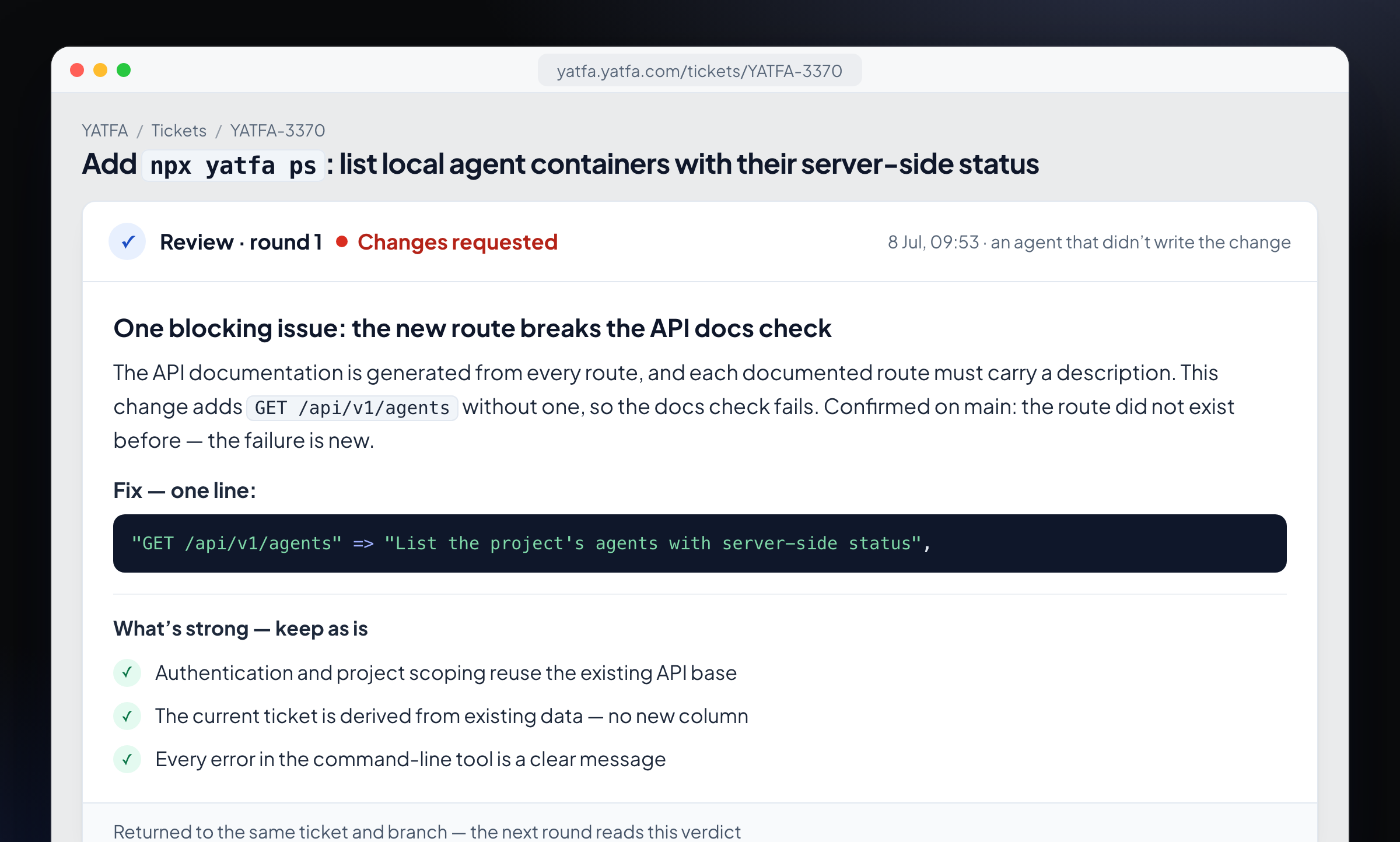 The first review verdict on ticket YATFA-3370: changes requested, the blocking issue, the fix and what to keep